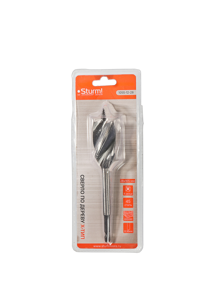 Cверло по дереву X тип, 4 резца, D=28мм, L=165мм, 6гр. Хв., блистер, Sturm!
