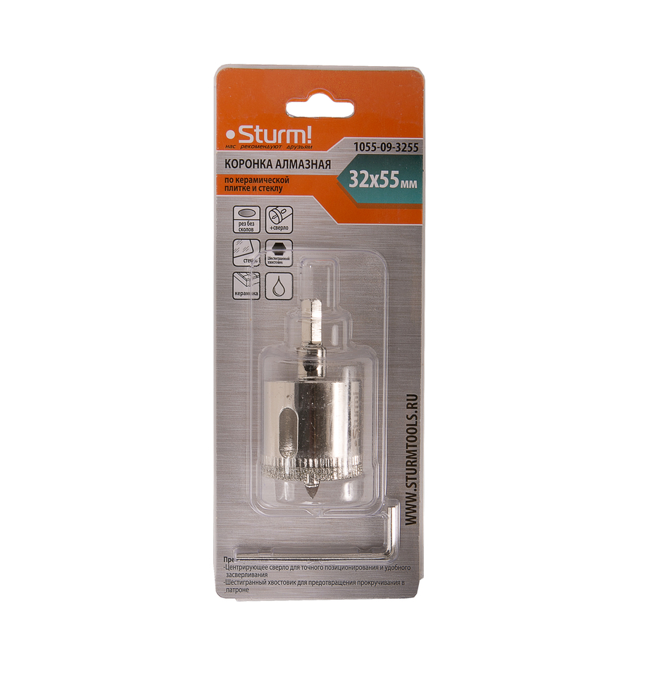 Коронка алмазн. По керам. Плитке и стеклу 32 х 55 мм с центрир. Сверл. Sturm!