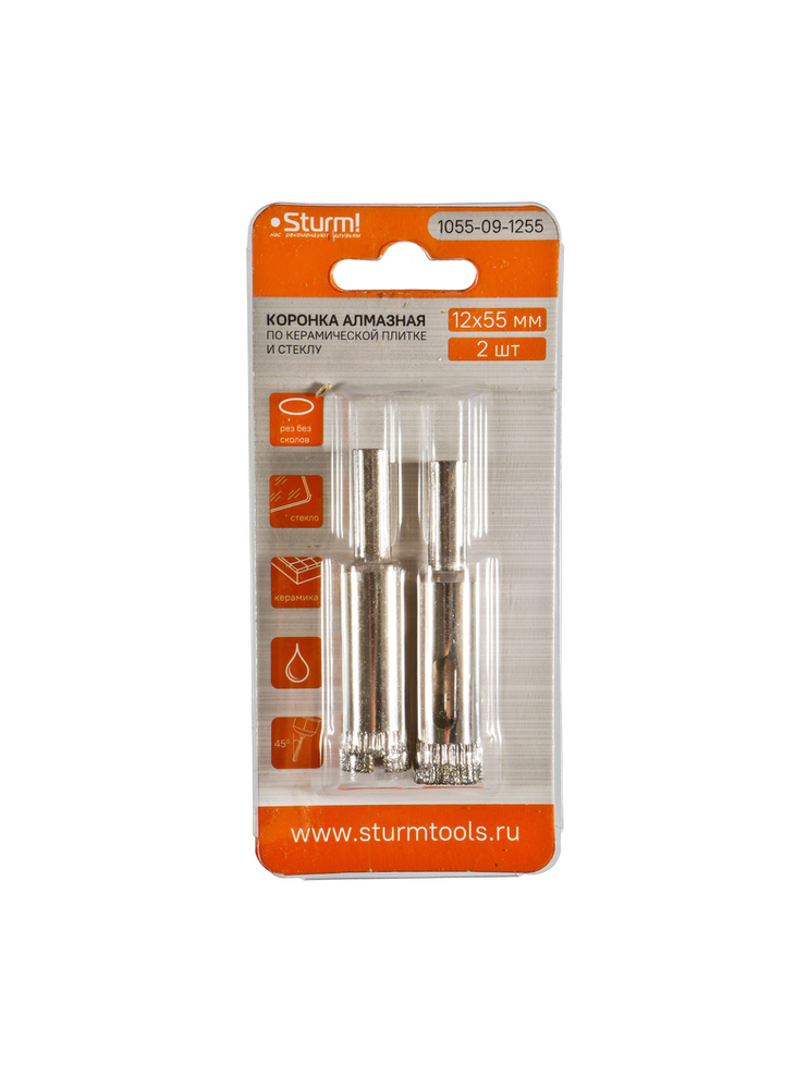 Коронка алмазн. По керам. Плитке и стеклу 12 х 55 мм, 2 шт., блистер, Sturm!