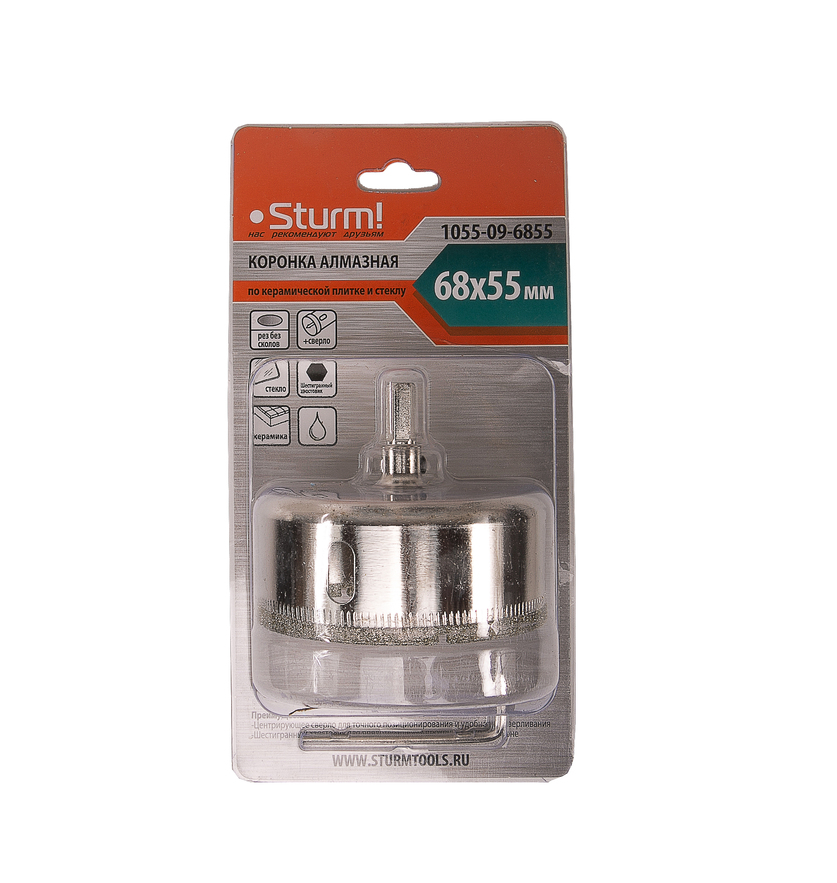 Коронка алмазн. По керам. Плитке и стеклу 68 х 55 мм,  с центрир. Сверл. Sturm!