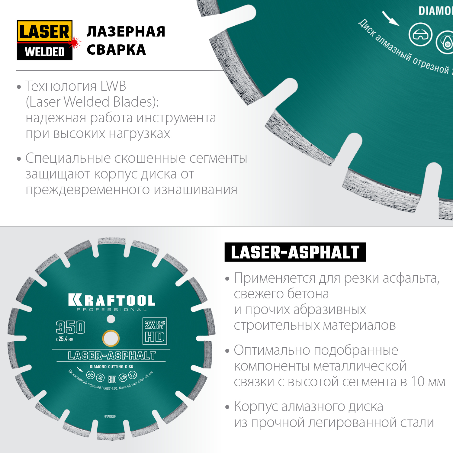 KRAFTOOL LASER-ASPHALT 350 мм (25.4/20 мм, 10х3.2 мм), алмазный диск (36687-350)
