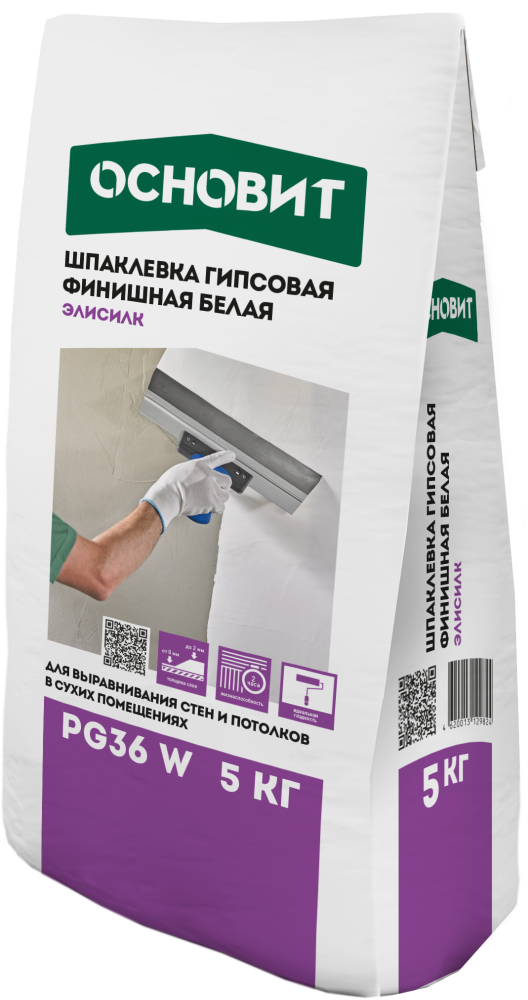 ЭЛИСИЛК PG36 W шпаклевка гипсовая суперфинишная белая ОСНОВИТ. Толщина слоя 0-4 мм 5 кг