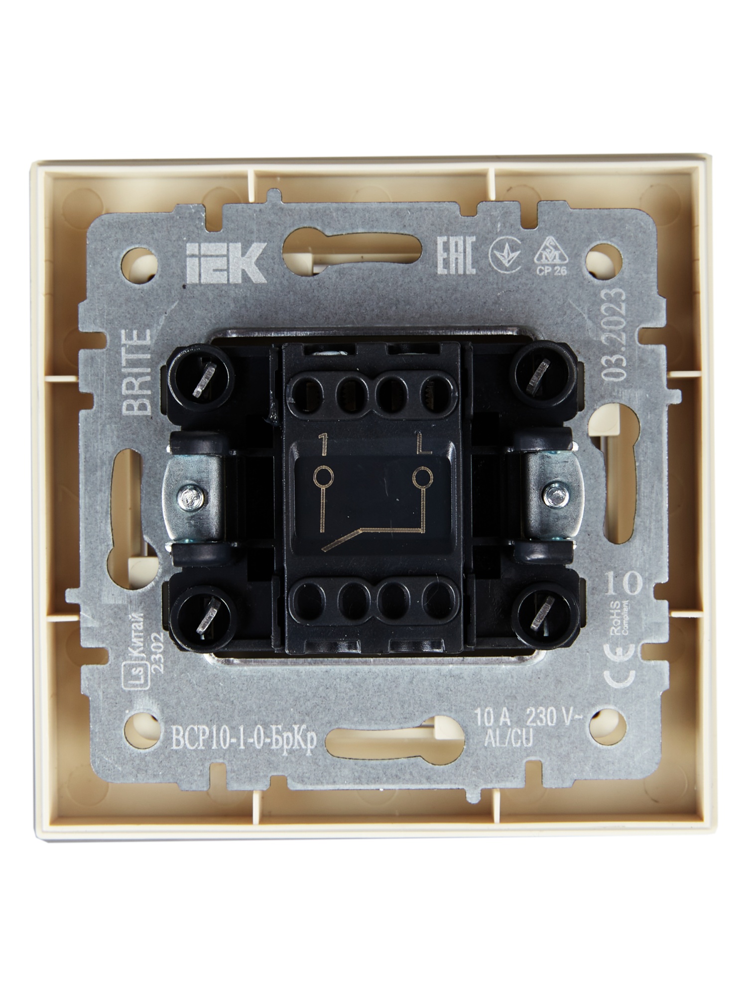 BRITE Выключатель 1-клавишный 10А в сборе ВСР10-1-0-БрКр бежевый IEK